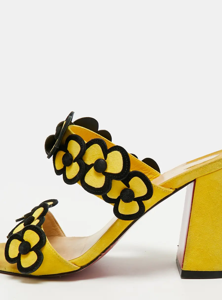Christian Louboutin Pansy Size 38 Yellow/Black Suede Block Heel Slide Sandals