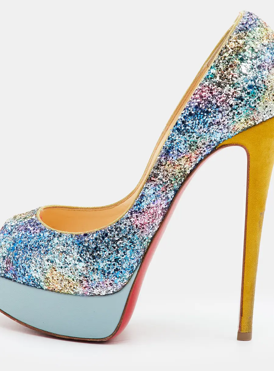 Christian Louboutin Lady Peep Size 37 Multicolor Glitter Peep Toe Platform Pumps