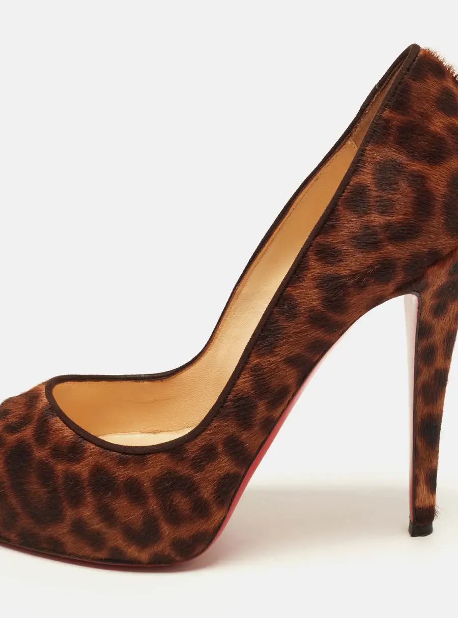 Christian Louboutin Dorispiky Size 37 Brown Leopard Print Calf Hair Peep Toe Pumps