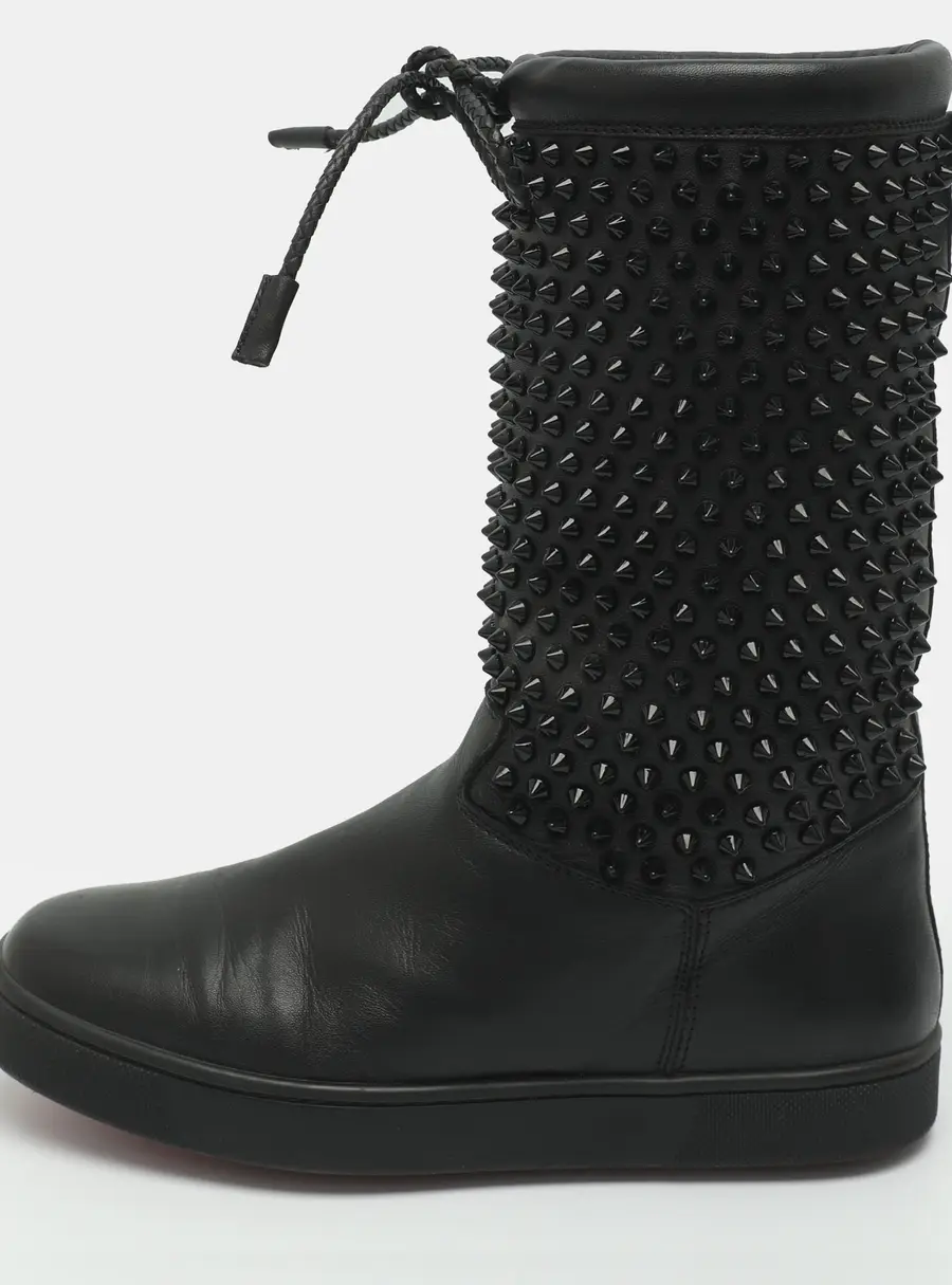 Christian Louboutin Surlapony Spiked Size 37.5 Black Leather Mid Calf Boots