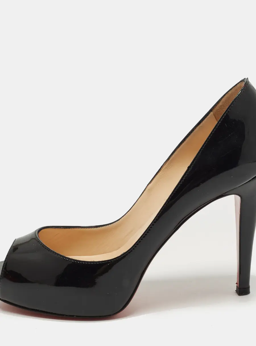 Christian Louboutin Very Prive Size 37.5 Black Patent Leather Peep Toe Pumps