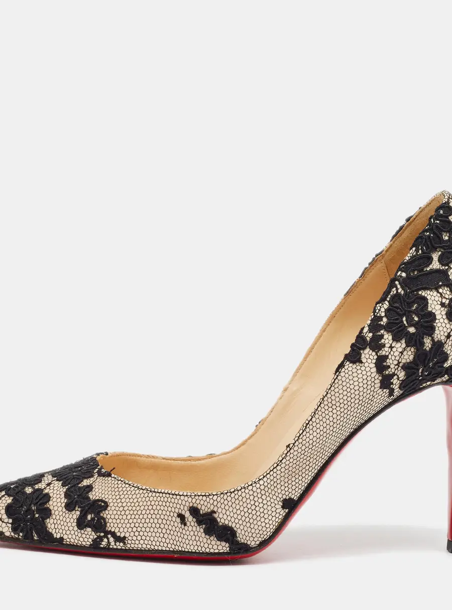 Christian Louboutin Follies Size 36 Black/Off White Floral Lace and Satin Pointed Toe Pumps