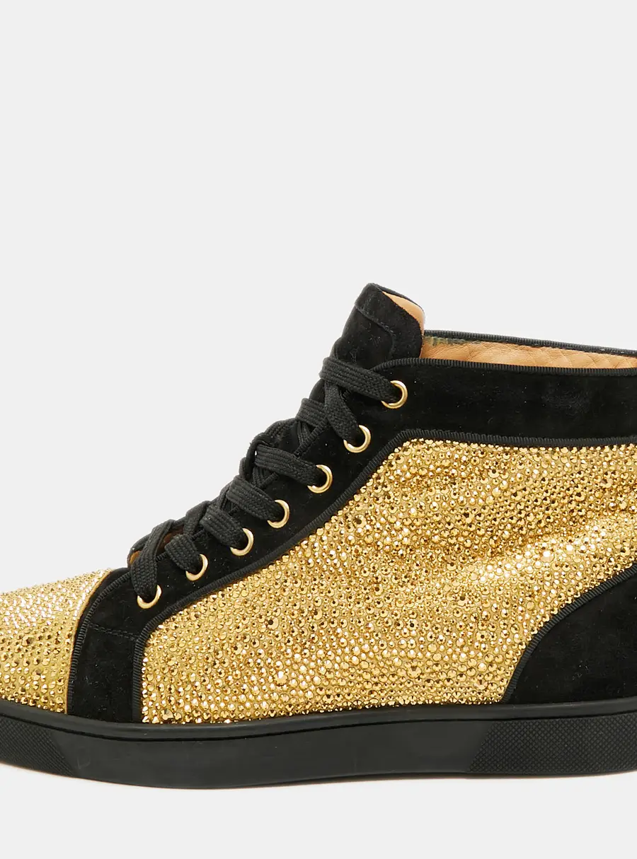 Christian Louboutin Louis Size 40 Black/Gold Suede Crystal Embellished High Top Sneakers