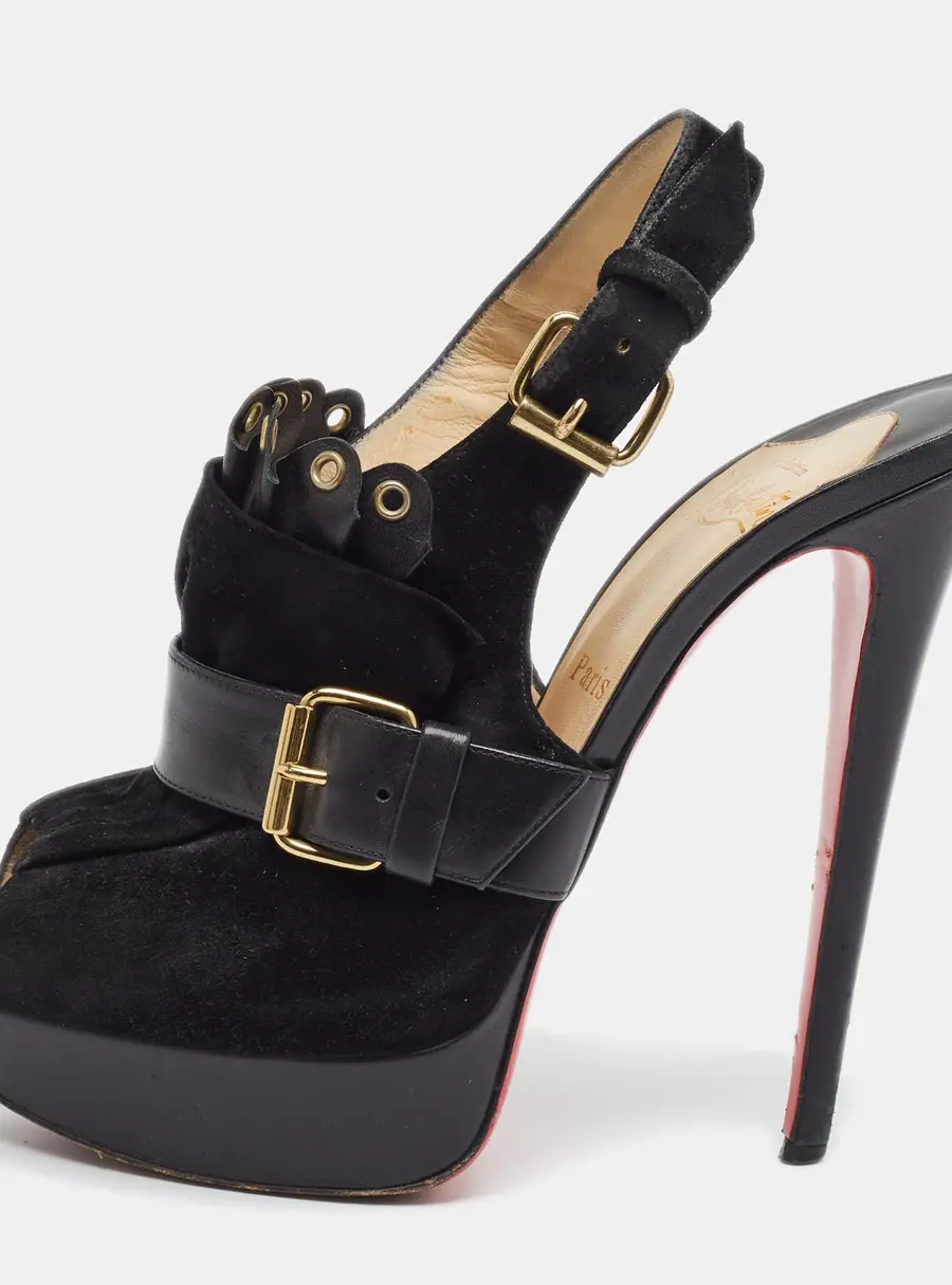 Christian Louboutin Jem Size 39.5 Black Leather and Suede Platform Slingback Sandals