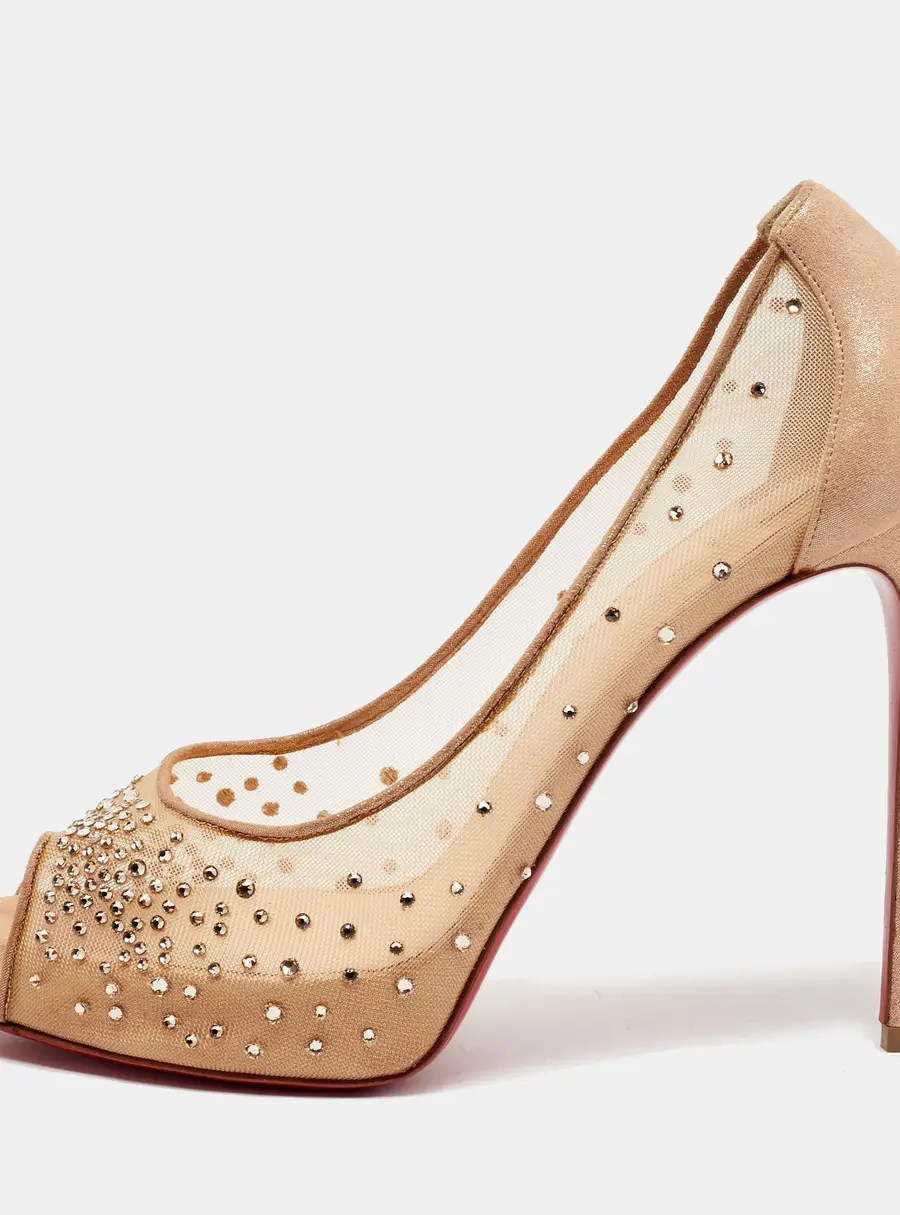 Christian Louboutin Very Strass Size 39 Beige Mesh and Suede Peep Toe Platform Pumps