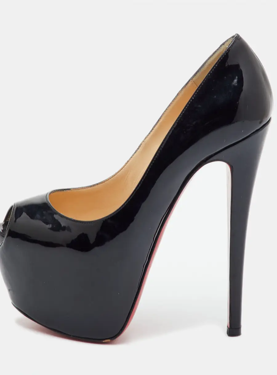 Christian Louboutin Highness Size 35.5 Black Patent Leather Peep Toe Platform Pumps