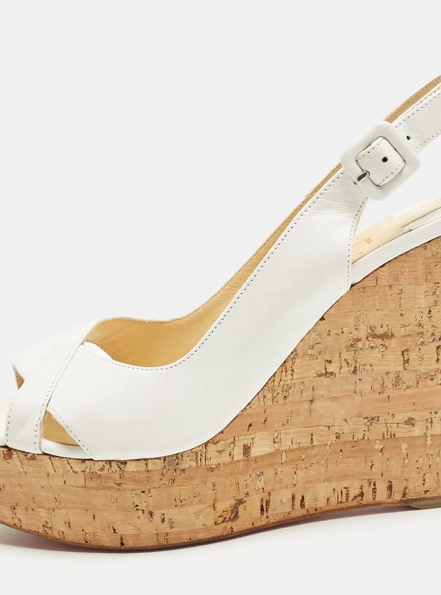 Christian Louboutin Size 40 White Leather Cork Wedge Sandals
