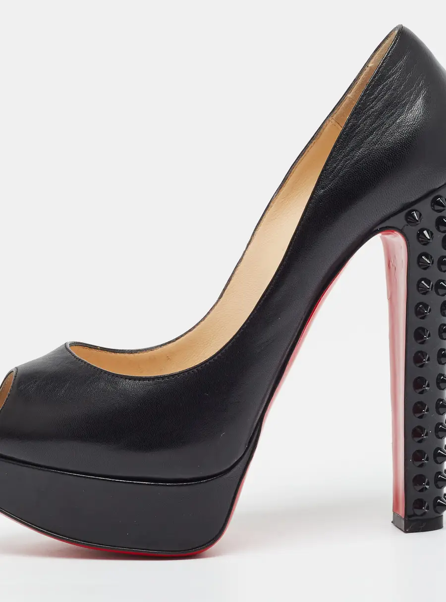 Christian Louboutin Babel Clou Size 38.5 Black Leather and Patent Platform Peep Toe Pumps