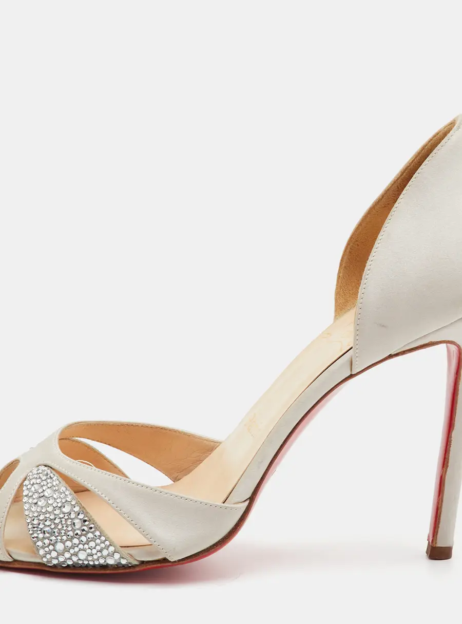 Christian Louboutin Size 39 Off White Satin Crystal Embellished Open Toe Pumps