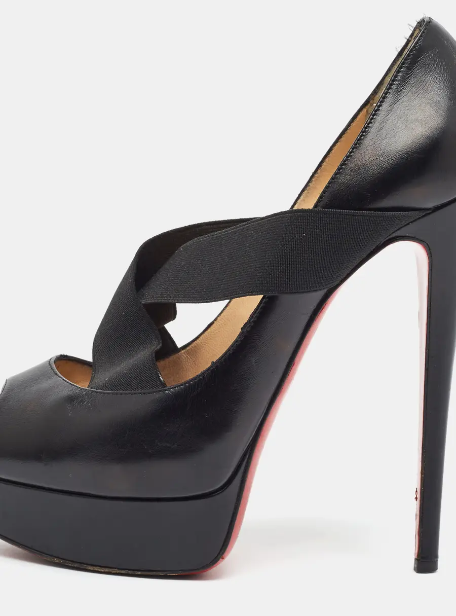 Christian Louboutin Size 38 Black Leather and Elastic Criss Cross Strap Platform Pumps