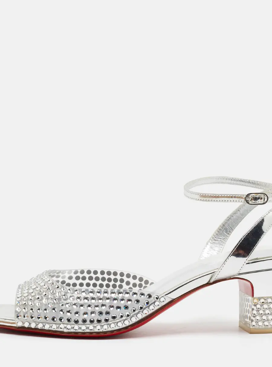 Christian Louboutin Cassandrissima Size 38 Transparent/Silver Patent and PVC Ankle Strap Sandals