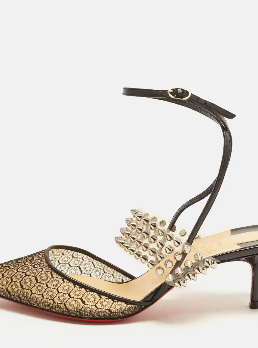 Christian Louboutin Levita Size 37.5 Black Mesh and PVC Ankle Wrap Pumps