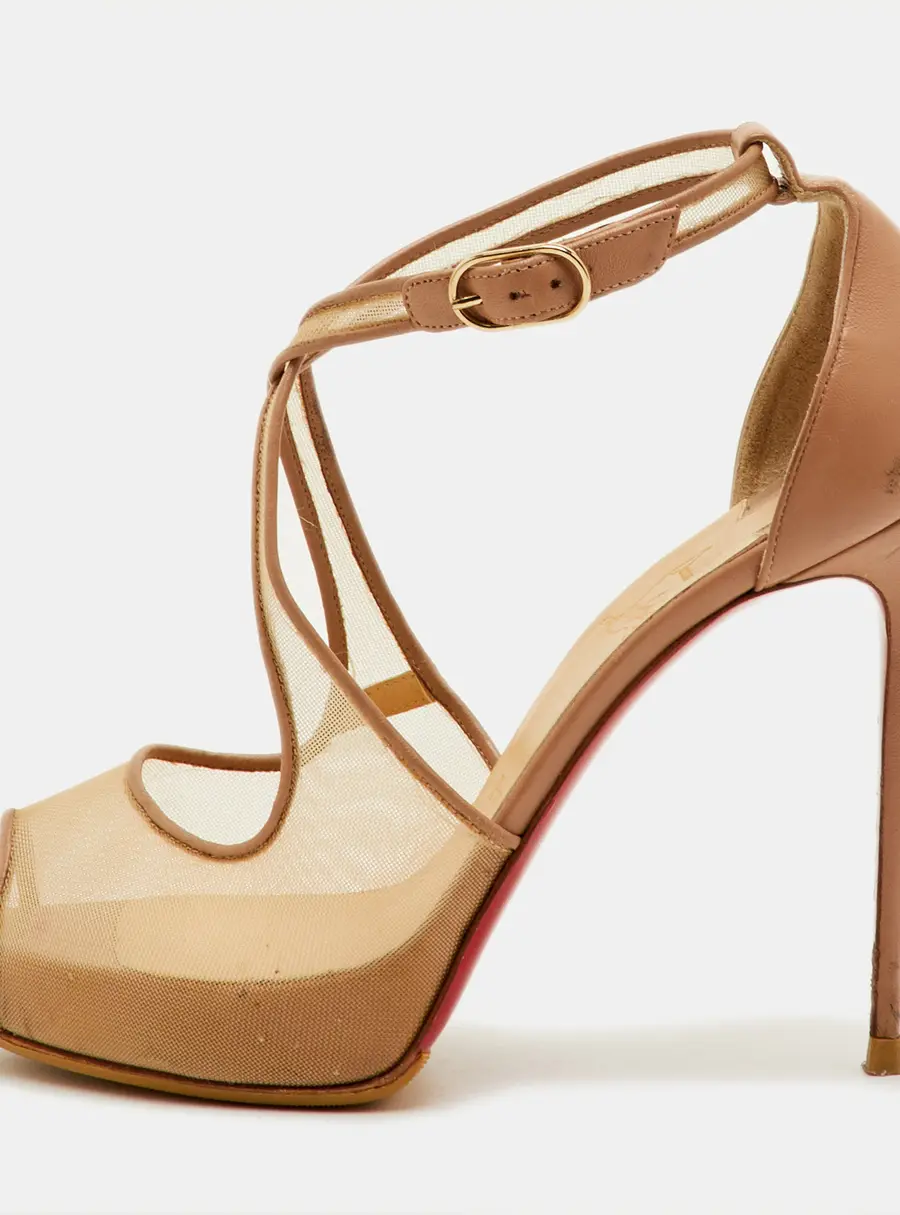 Christian Louboutin Mariacar Size 37 Beige Leather and Mesh Platform Peep Toe Pumps