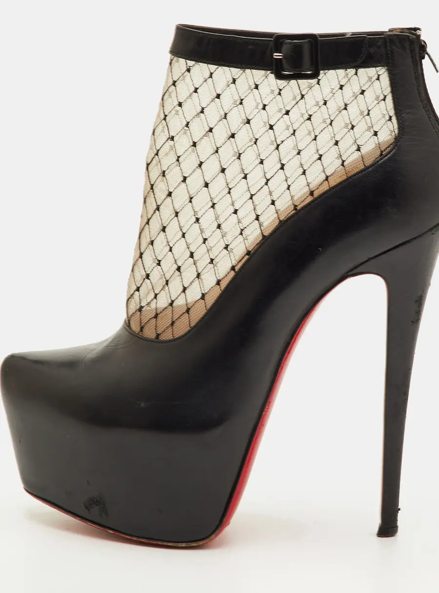 Christian Louboutin Resillissima Size 38.5 Black Leather and Mesh Platform Ankle Length Boots