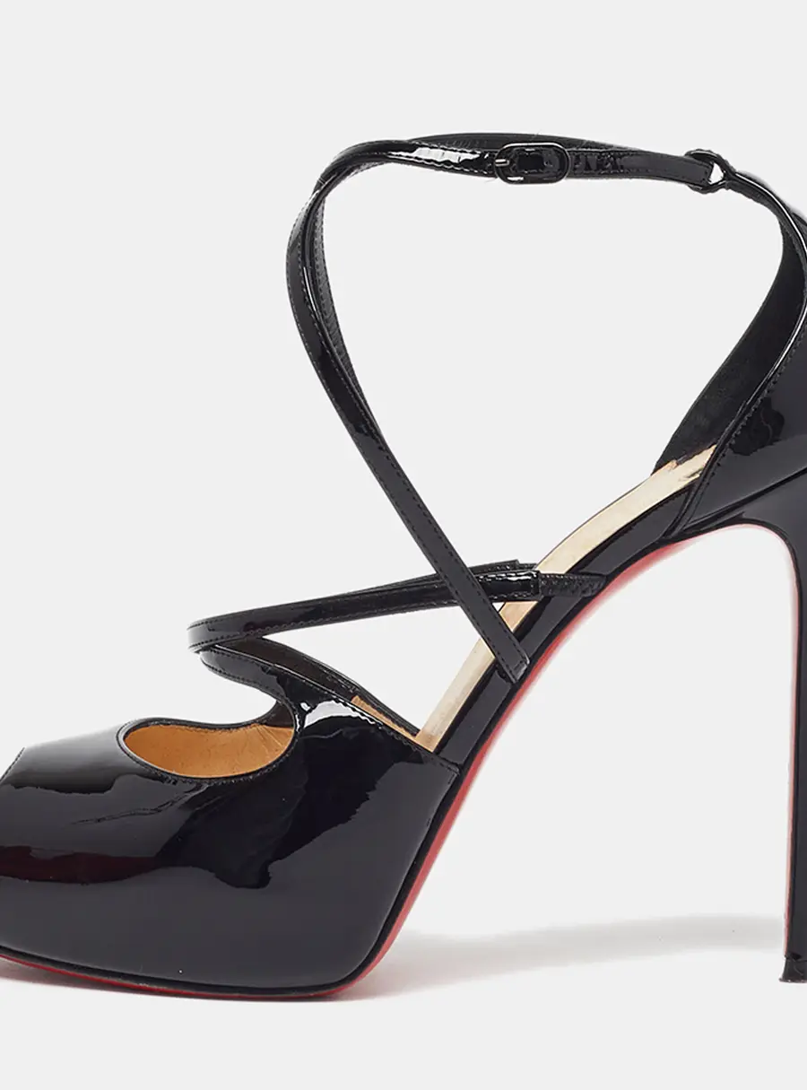 Christian Louboutin Size 38 Black Patent Leather Ankle Strap Sandals
