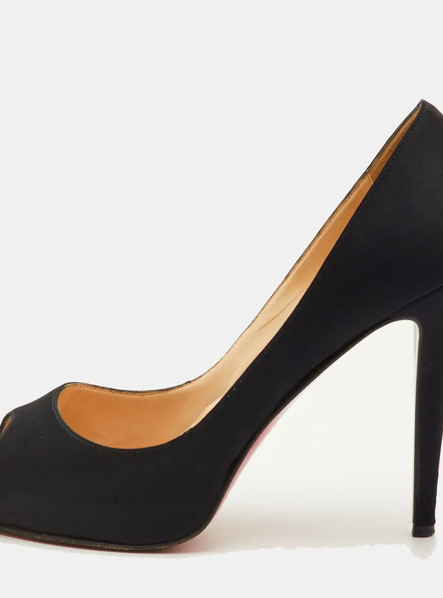 Christian Louboutin Very Prive Size 39 Black Satin Crystal Embellished Platform Peep Toe Pumps