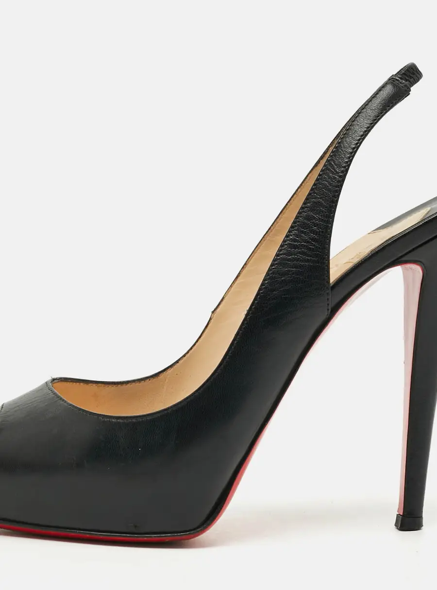 Christian Louboutin Private Number Size 39 Black Leather Peep Toe Slingback Pumps