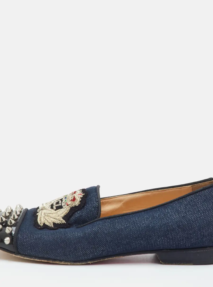 Christian Louboutin Intern Size 36 Navy Blue/Black Denim and Patent Leather Spikes Smoking Slippers