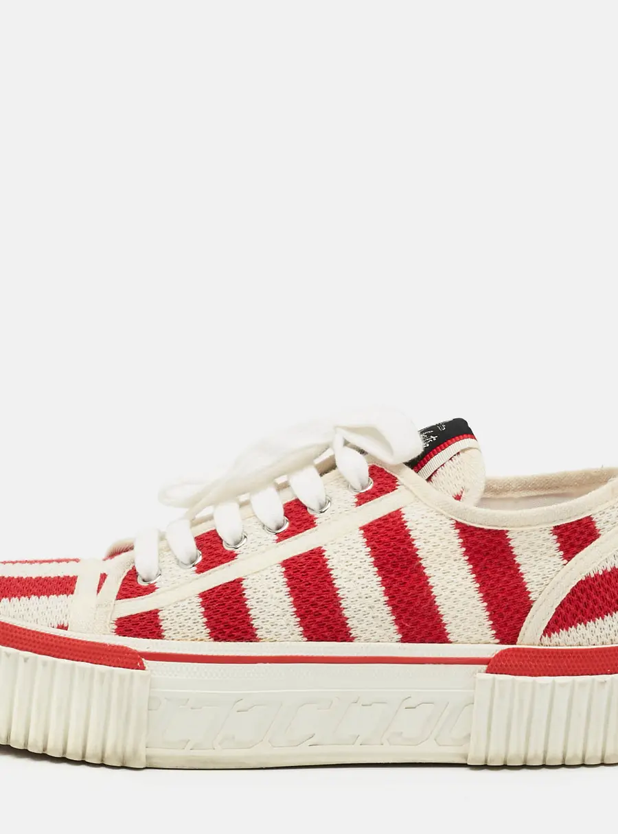 Christian Louboutin Super Pedro White/Red Stripe Knit Fabric Platform Low Top Sneakers