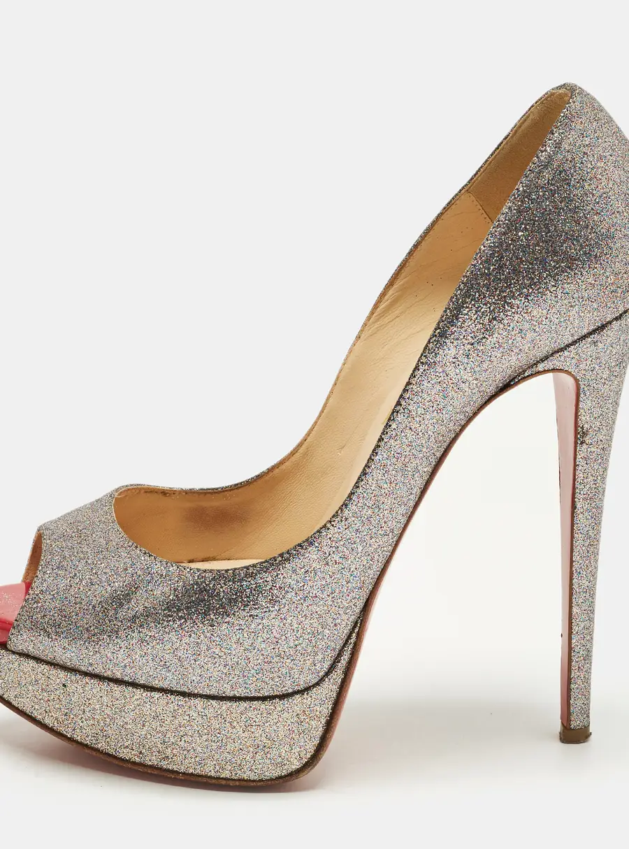 Christian Louboutin Lady Peep Size 38 Metallic Silver Glitter Peep Toe Pumps
