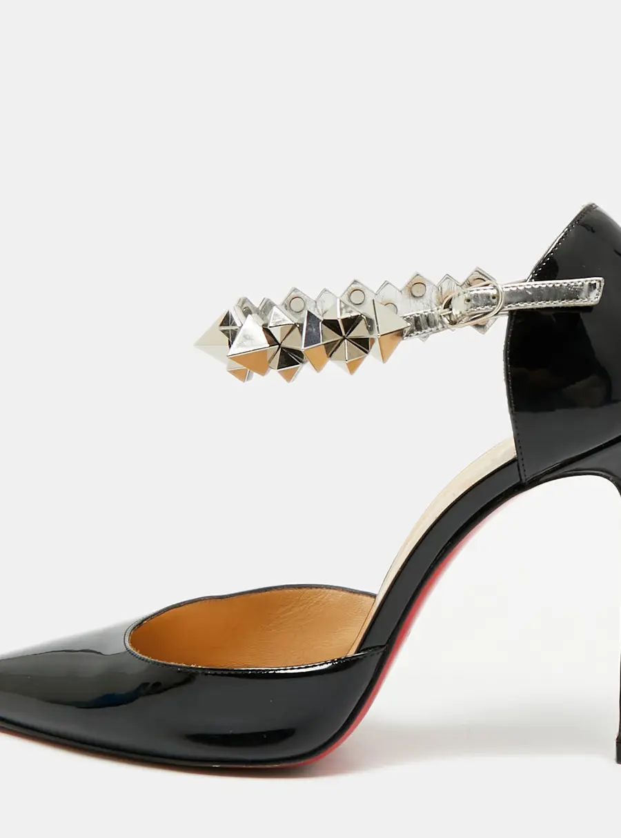 Christian Louboutin Planet Chic 100 Size 38 Black Patent Leather Ankle Strap Pumps