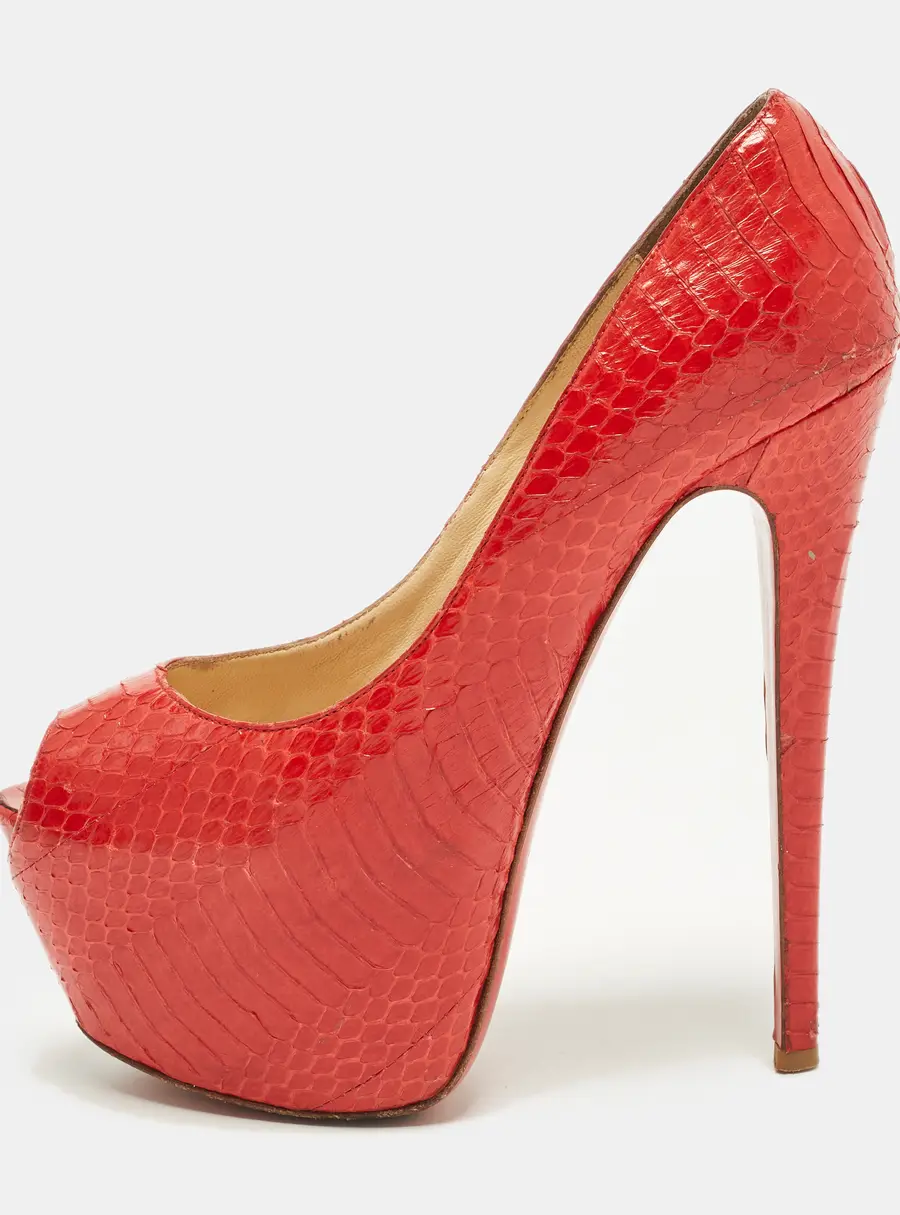 Christian Louboutin Highness Size 38 Red Python Leather Platform Peep Toe Pumps