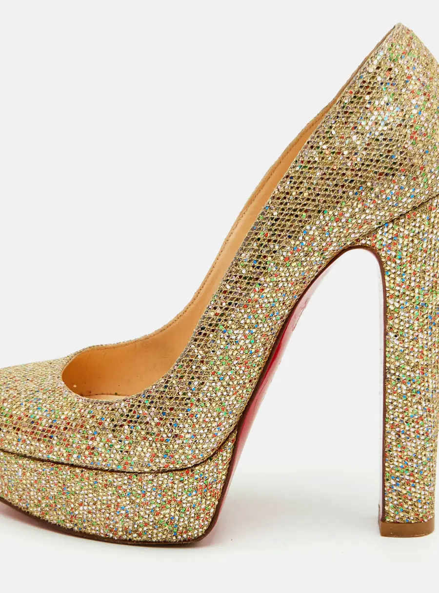 Christian Louboutin Bianca Size 36 Gold Metallic Lurex Fabric Platform Pumps