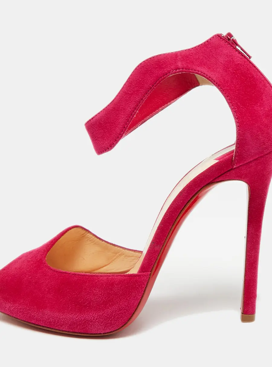 Christian Louboutin Size 37.5 Hot Pink Suede Ankle Strap Peep Toe Pumps