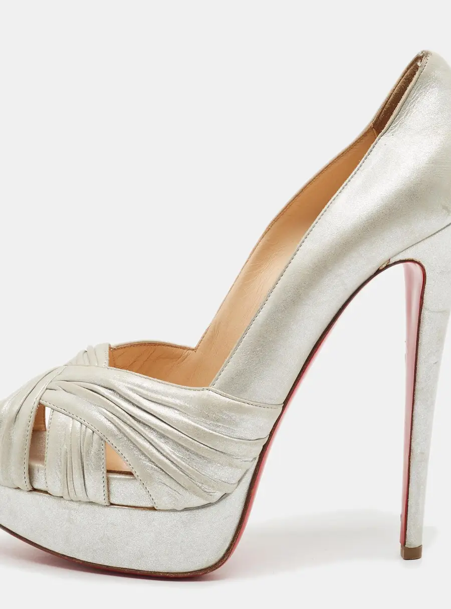 Christian Louboutin Size 39.5 Silver Leather Peep Toe Pumps