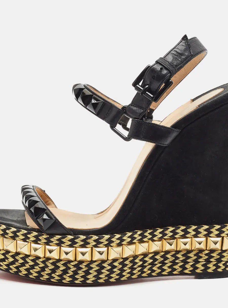 Christian Louboutin Cataclou Size 39 Black Leather Wedge Sandals