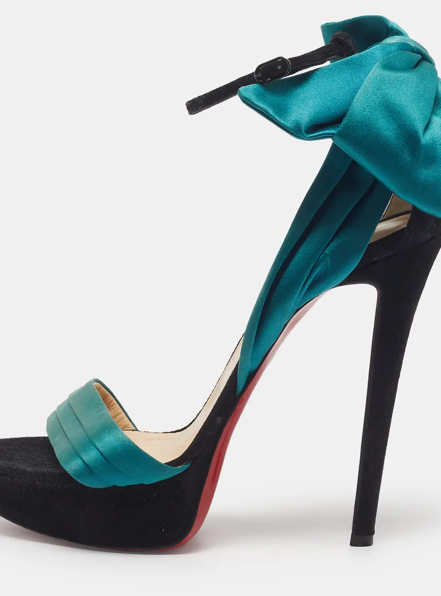 Christian Louboutin Vampanodo Size 38.5 Blue/Back Satin and Suede Ankle Strap Sandals