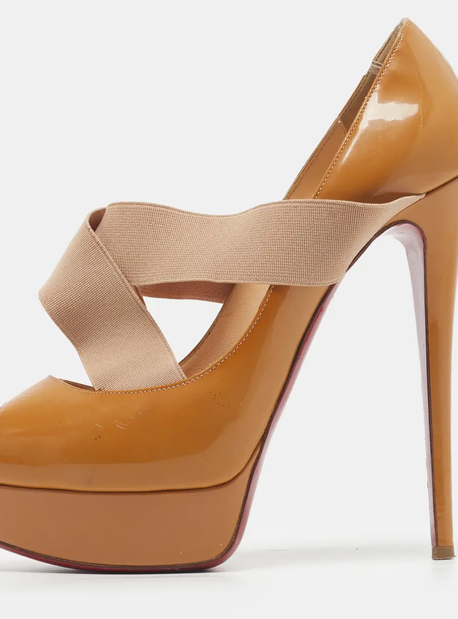 Christian Louboutin Size 39.5 Beige Patent Leather and Elastic Cross Strap Peep Toe Platform Pumps