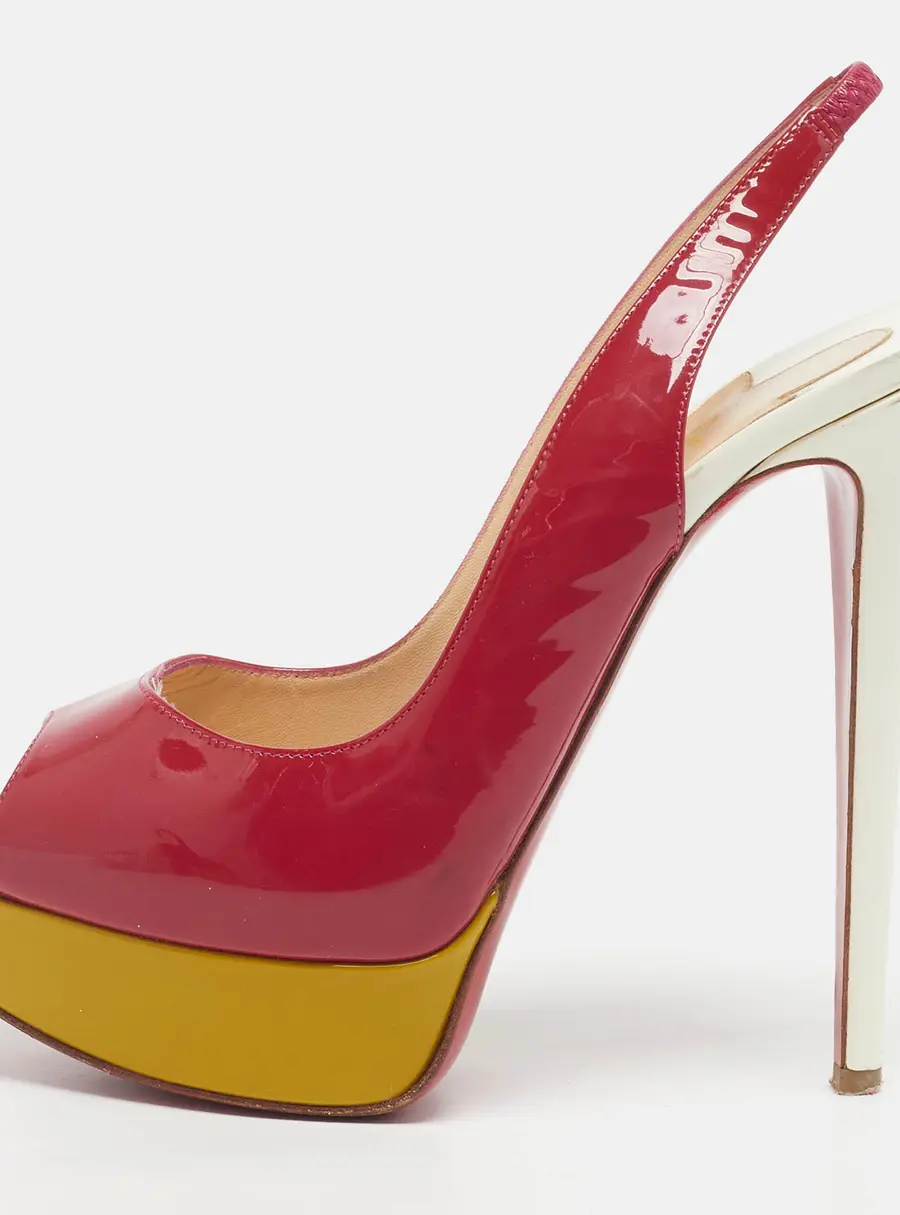 Christian Louboutin Lady Size 37 Tricolor Patent Leather Peep Toe Pumps