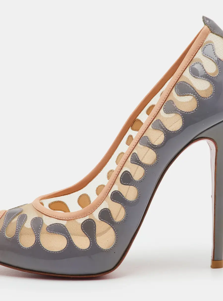 Christian Louboutin Parsefal Size 39 Grey/Beige Mesh and Patent Leather Peep Toe Pumps