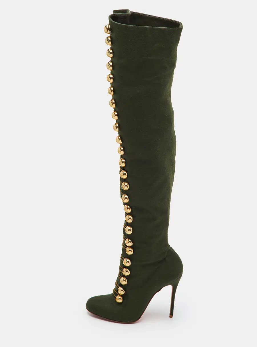Christian Louboutin Ronfifi Supra Size 37 Green Flannel Fabric Over The Knee Boots