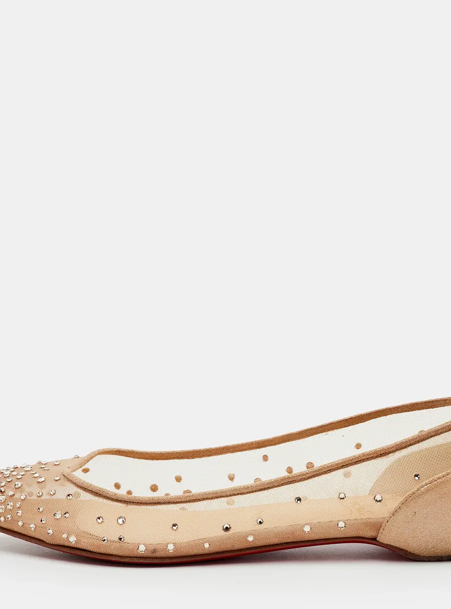 Christian Louboutin Size 37 Beige Follies Strass Mesh and Suede Ballet Flats