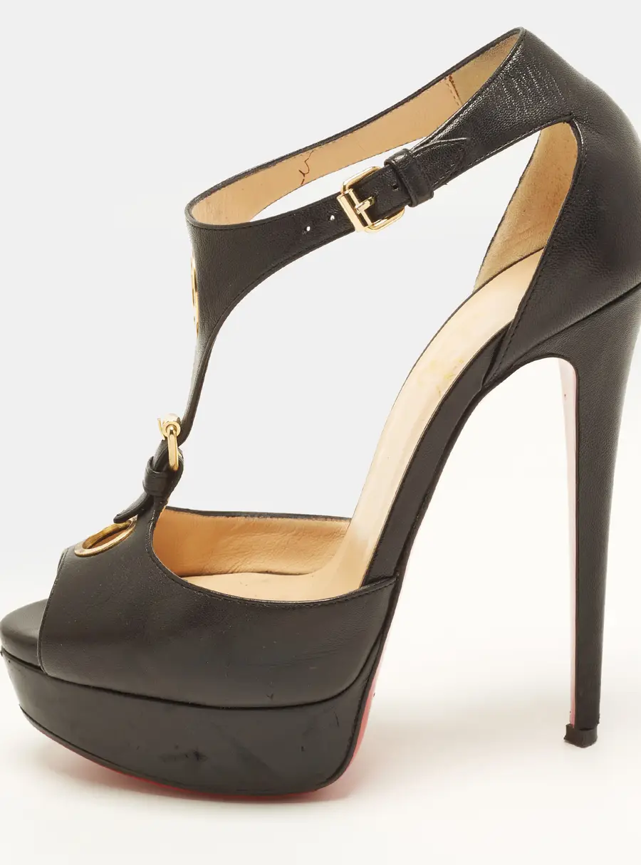 Christian Louboutin Size 36 Black Leather T-Bar Platform Sandals