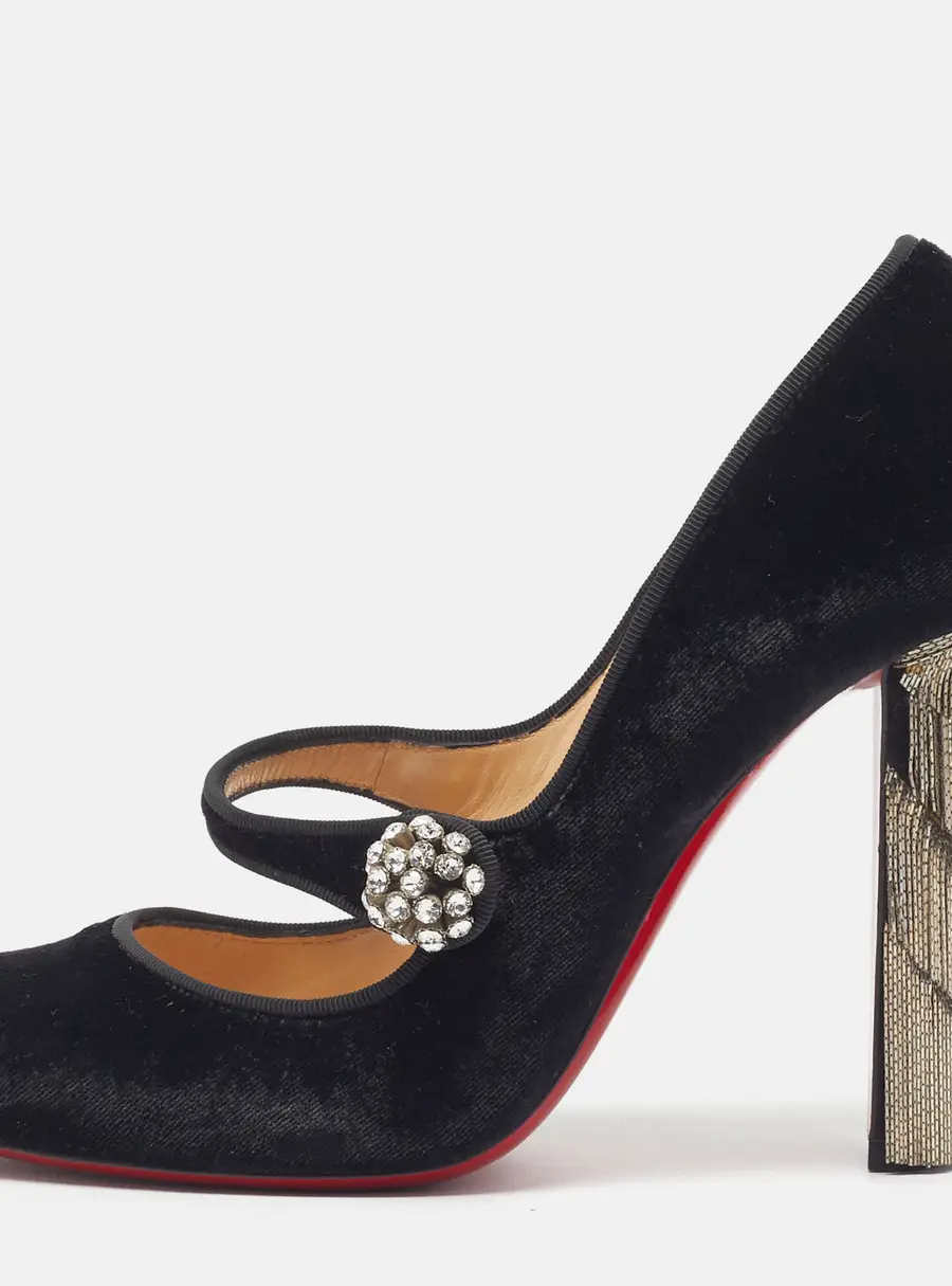 Christian Louboutin Rex Size 36.5 Black Velvet Block Heel Pumps