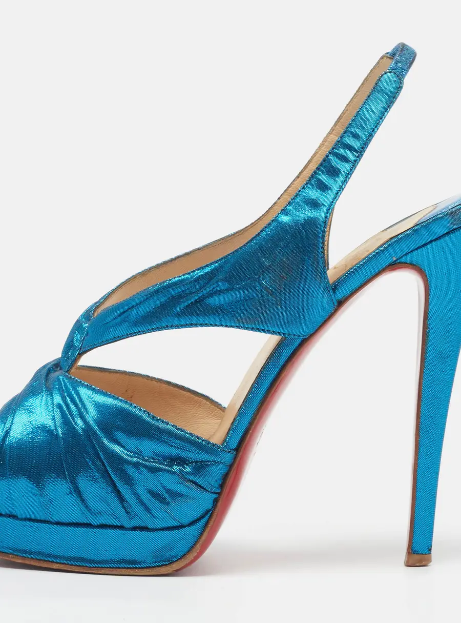 Christian Louboutin Fortuna Size 39.5 Blue Metallic Lurex Fabric Platform Slingback Sandals