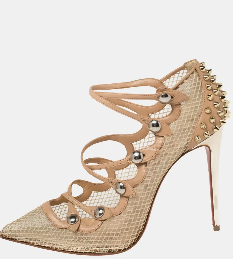 Christian Louboutin Beige Leather and Mesh Spike Strappy Sandals Size 39
