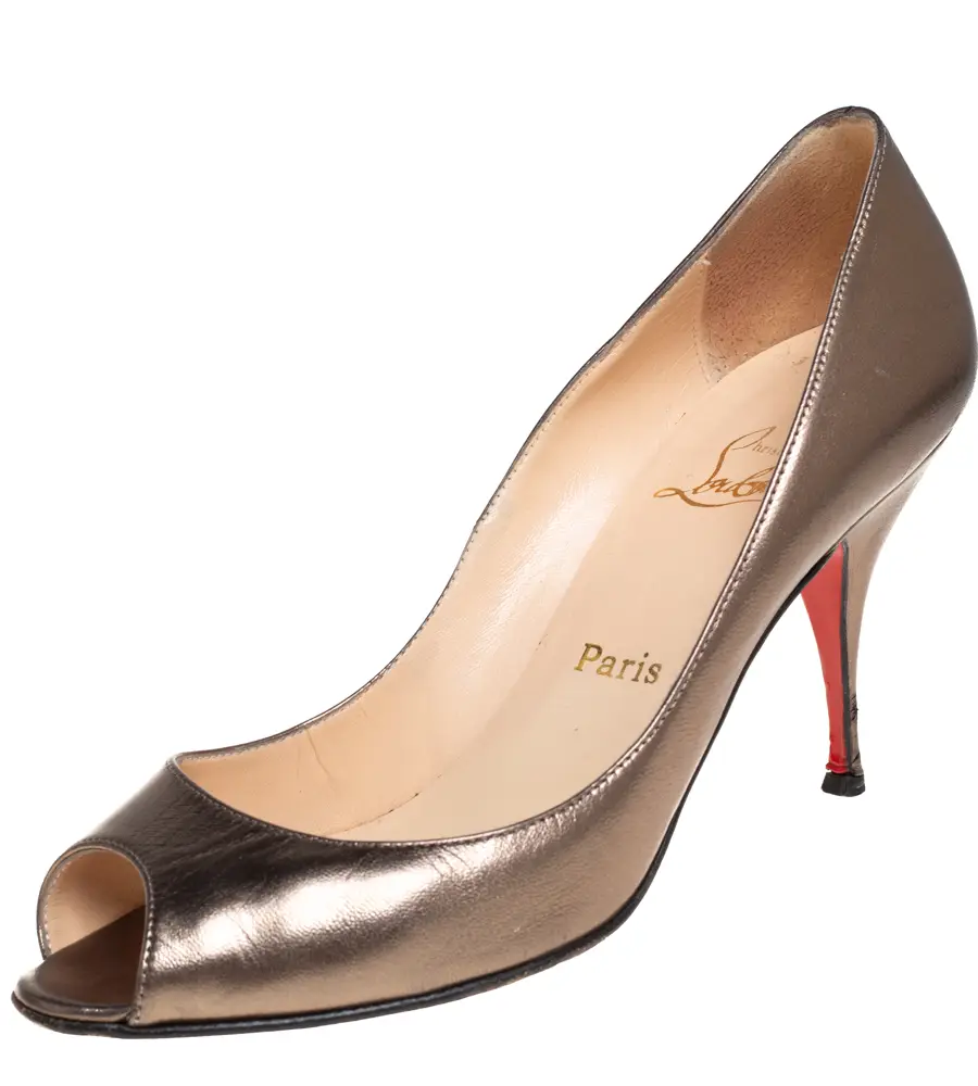 Christian Louboutin Metallic Olive Green Leather Very Prive Peep Toe Pumps Size 39