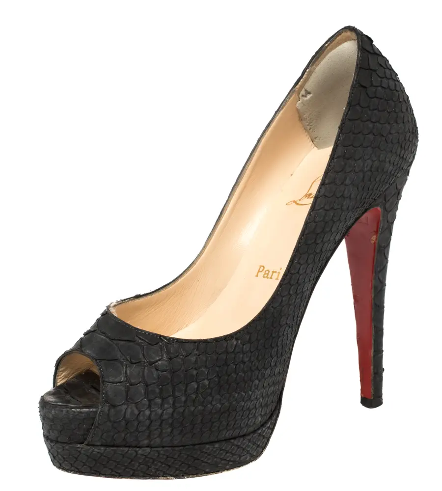 Christian Louboutin Very Prive Size 35 Black Python Leather Peep Toe Pumps