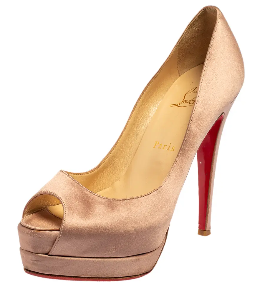 Christian Louboutin Beige Satin Palais Royal Peep Toe Platform Pumps Size 37.5