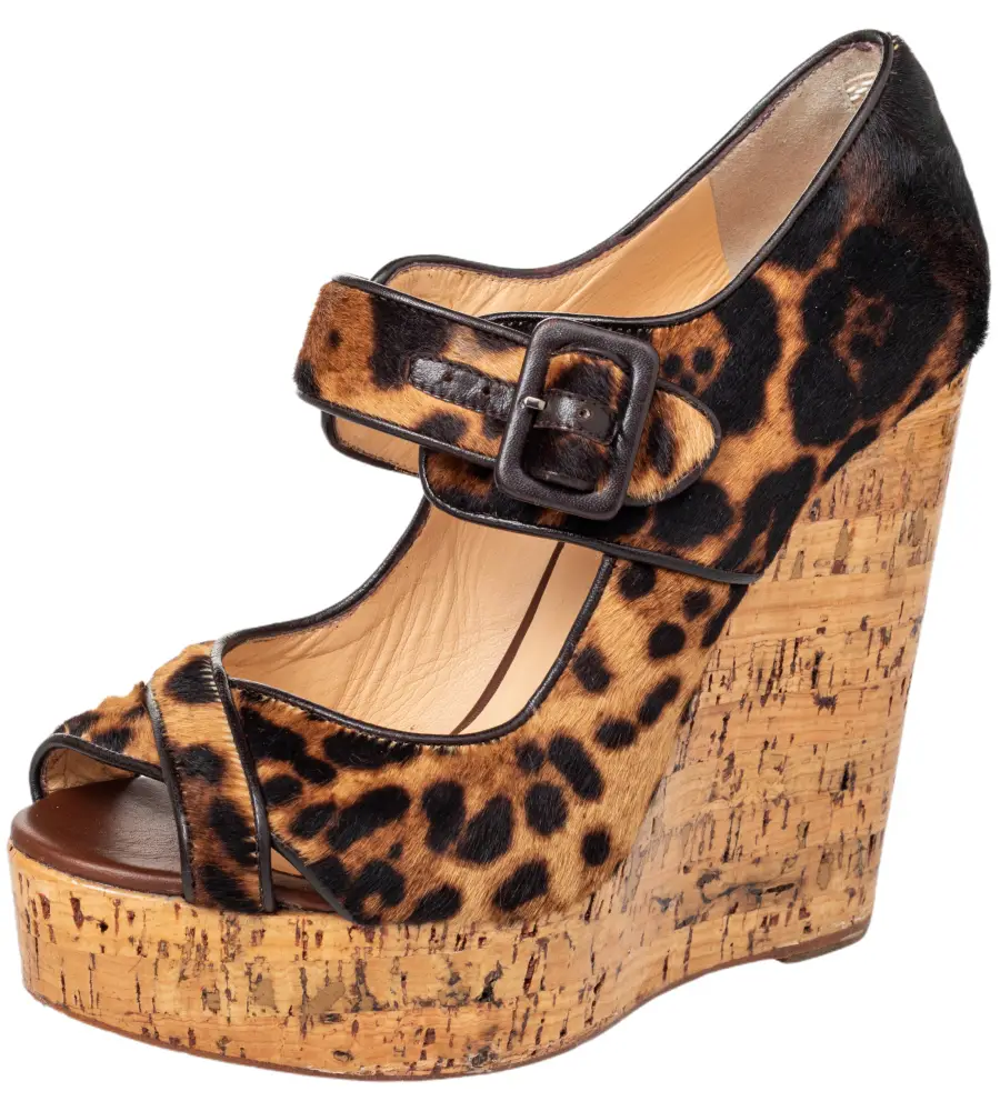 Christian Louboutin Brown Leopard Print Pony Hair Melides Cork Wedge Sandals Size 38.5