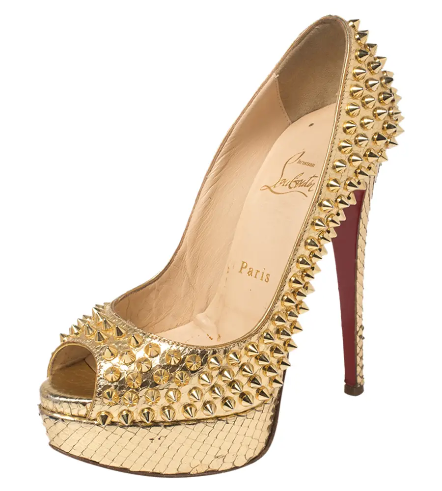 Christian Louboutin Metallic Gold Python Leather Lady Peep Toe Spike Platform Pumps Size 35