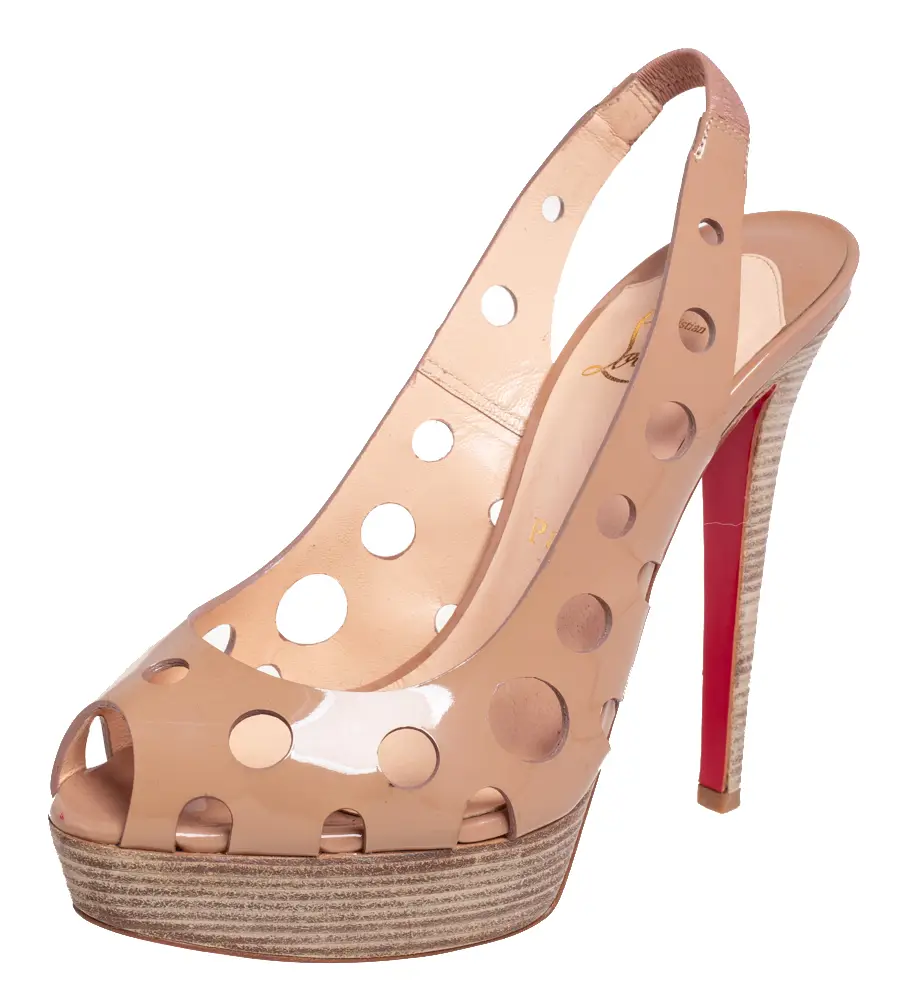 Christian Louboutin Beige Patent Leather Ginza Platform Slingback Sandals Size 38