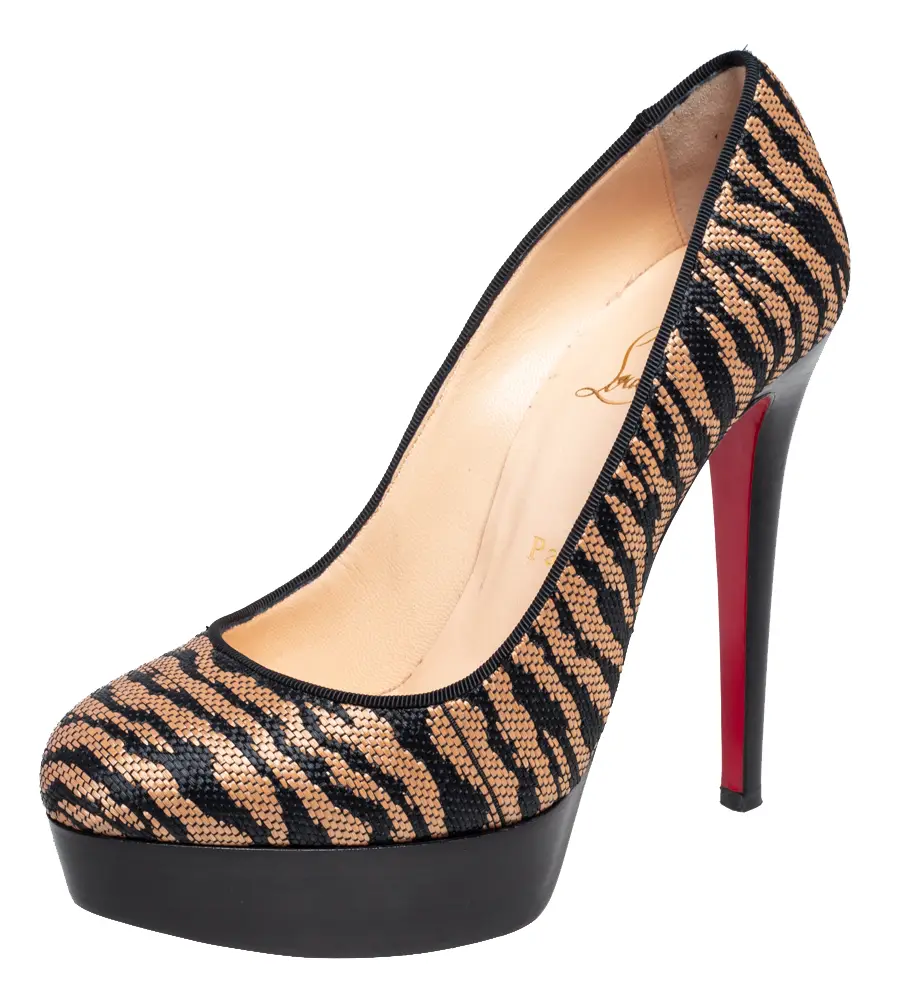 Christian Louboutin Two Tone Raffia Bianca Panama Tiger Weave Platform Pumps Size 37.5