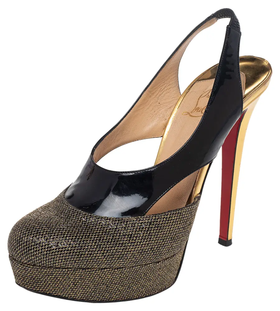 Christian Louboutin Black/Gold Patent and Metallic Mesh Platform Slingback Pumps Size 38.5