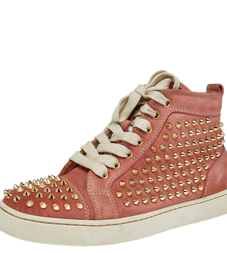 Christian Louboutin Peach Nubuck Spike Embellished Louis Orlato Mid Top Sneakers Size 38