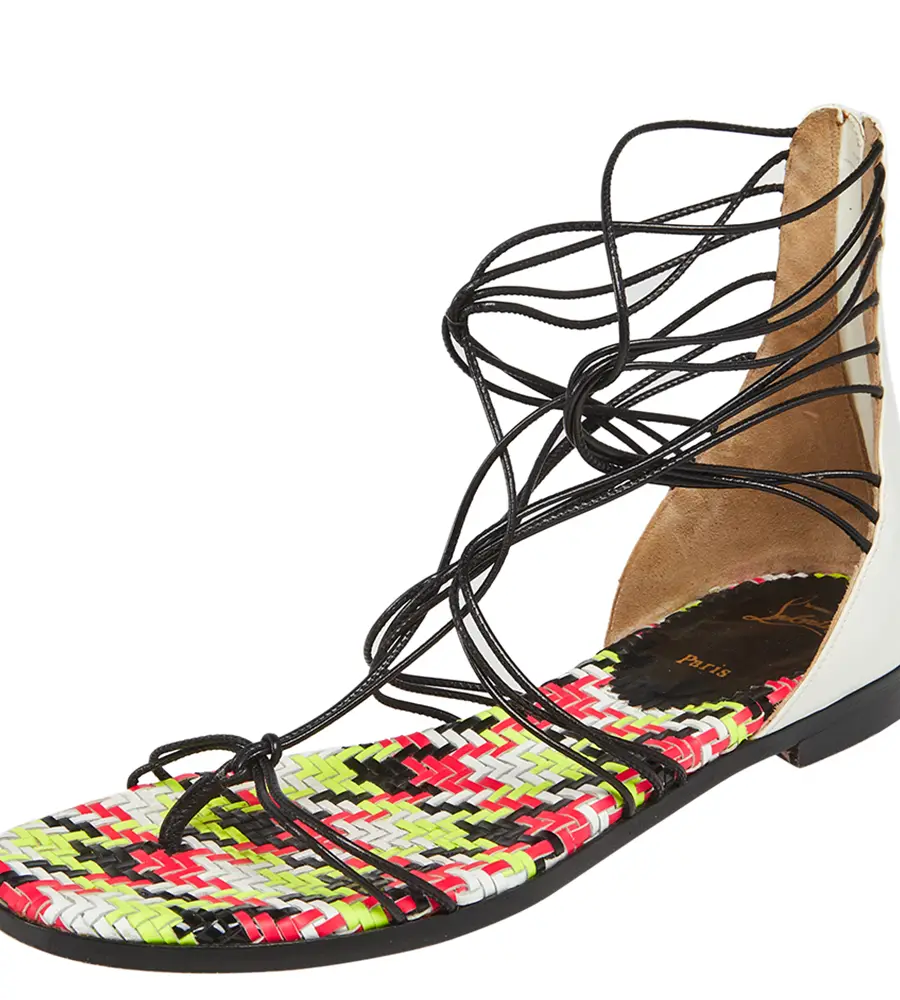 Christian Louboutin White/Black Patent Leather Blanca Gladiator Flat Sandals Size 37